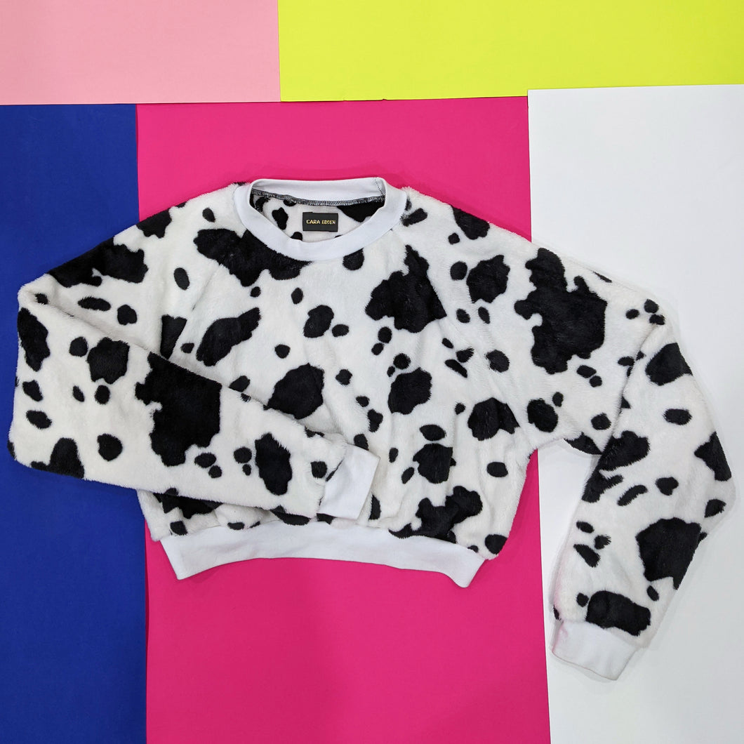 Fluffy Cow Print Cropped Jumper